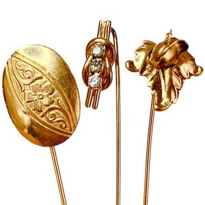 Zestaw 3 złotych szpilek VTG z kryształkami w stylu mid-century z kwiatowym, owalnym liściem