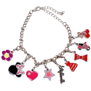 Minnie Mouse Disney Themed Charm Bracelet Silver Tone Pink Enamel VTG Y2K image 1