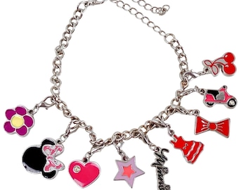 Minnie Mouse Disney Themed Charm Bracelet Silver Tone Pink Enamel VTG Y2K