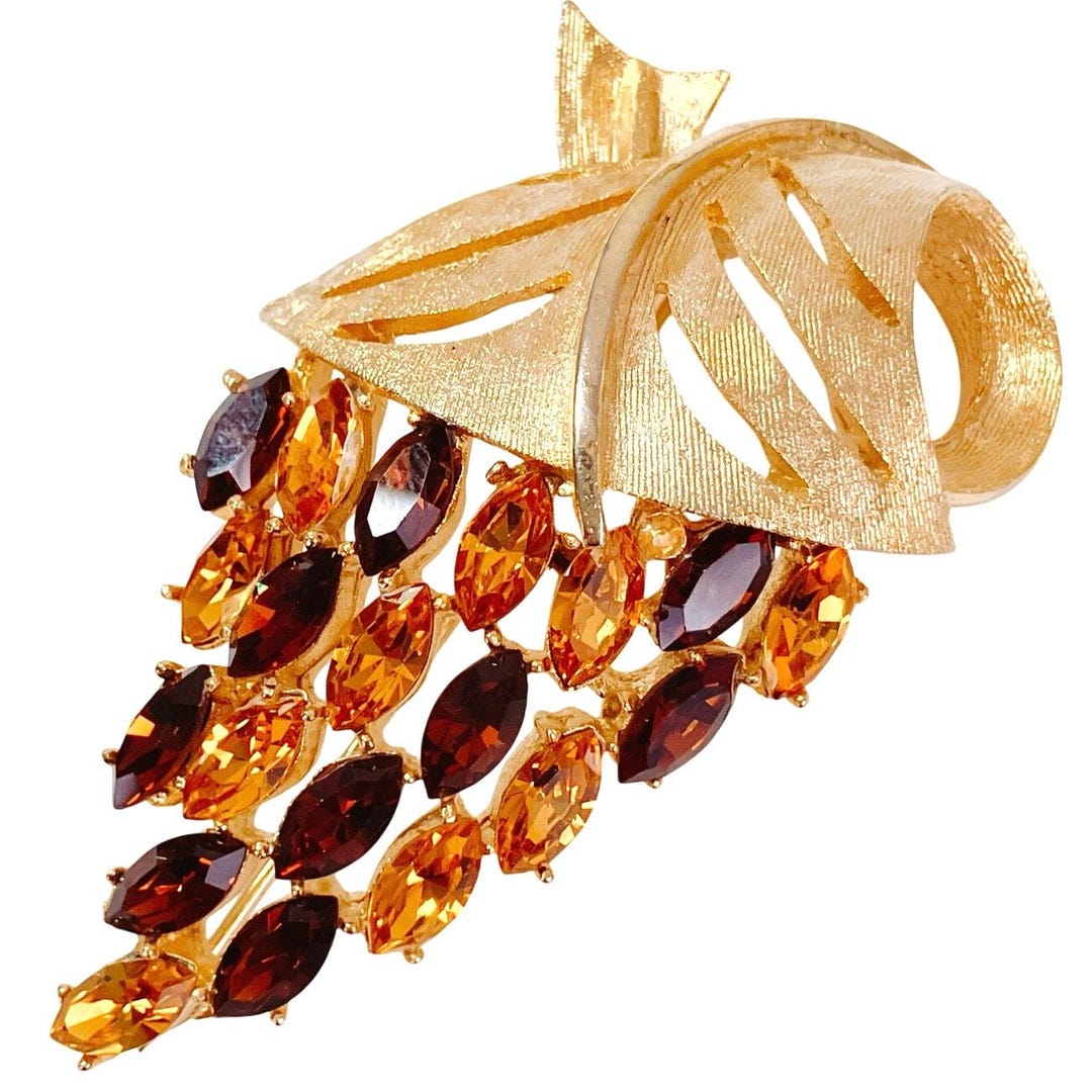 VTG Mid Century Amber Rhinestone Grape Cluster Brooch Gold Tone 1950s ...