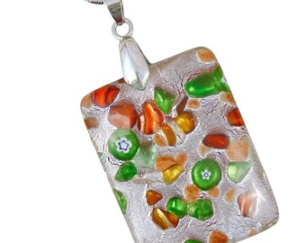 Murano-Style Glass Pendant Necklace Millefiori Art Design & Silver-Tone Bail