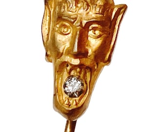 Unusual Antique Art Nouveau Figural Stickpin 10k Gold Plate Gargoyle Face Pin