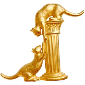 Signed JJ Cat Brooch Cute Vintage Whimsical Gold Tone Playful Cats on Column Pin