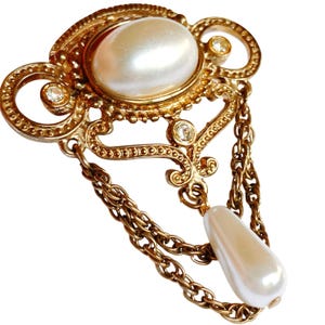 VTG 50s Victorian Revival Brooch Gold Tone Faux Pearl Chain Dangle Pin