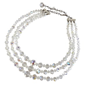 VTG Mid Century AB Crystal Triple Strand Necklace Aurora Borealis 1950s Bridal