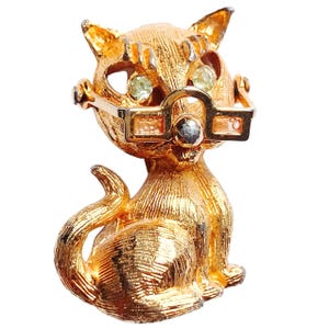 Unusual VTG 1960s Brooch Movable Glasses Cat Rhinestone Eyes Mid Century Pin