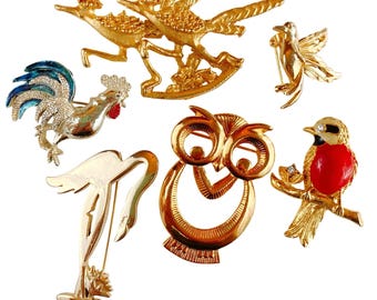 May include: A collection of vintage bird-themed brooches in gold and silver tones. The brooches include a roadrunner, a rooster with blue and silver accents, an owl, a bird with a red breast, a bird in flight, and a swan.