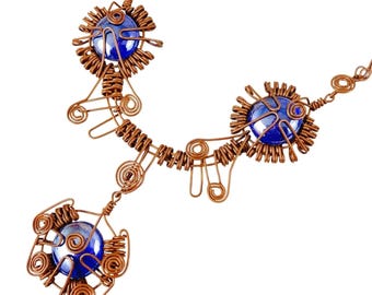 Handmade Wire-Wrapped Copper Necklace with Deep Blue Glass Cabochon Boho Pendant