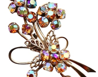 VTG Mid Century Gold Tone Aurora Borealis Rhinestone Floral Brooch Pin 50s 60s