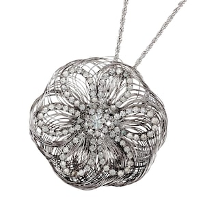 Large Wire Rhinestone Flower 2&quot; Pendant Necklace, Extra Long 36 Inch Chain