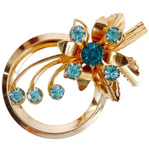 VTG 1950s Brooch Floral Aqua Rhinestones Mid Century Gold Tone Layered Jewelry