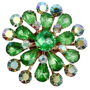 Classic VTG Mid Century Green Rhinestone Brooch, Aurora Borealis Floral Pin, 1950s Gold Tone Prong Set AB Statement Jewelry