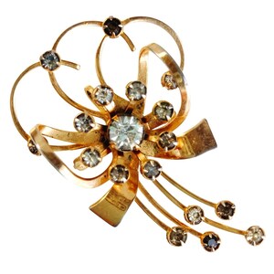 VTG 1940s Brooch Mid Century Gold Tone Ribbon Rhinestone Spray Jewelry