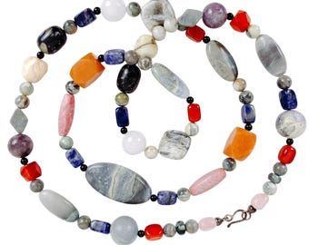 Vintage Gemstone Long 35" Necklace Carnelian Rose Quartz Agate Boho Colorful