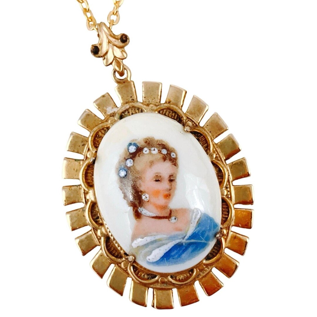 Collier Pendentif Porte-photo Vintage Or Camée Porcelaine - Bijou Rétro, Parfait état