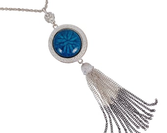 VTG Silver Tone Tassel Necklace Blue Cabochon Rhinestone Long Pendant Bold Retro