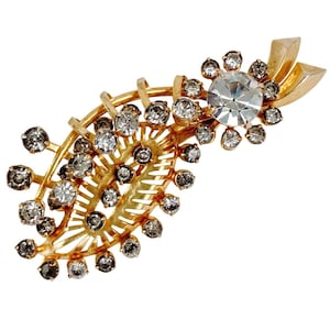 VTG 1950s Brooch Rhinestone Spray Leaf Mid Century Gold Tone Pin Jewelry Sparkly