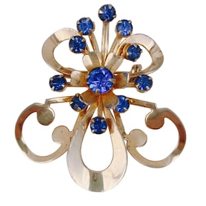 Vintage 1940s Gold Tone Brooch Blue Rhinestone Mid Century Floral Pin Jewelry