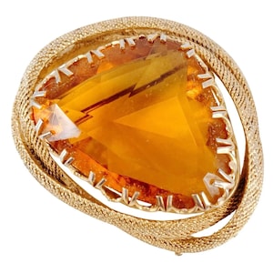 Vintage Gold Tone Brooch with Large Faceted Amber Glass Stone, 1950s-70s Jewelry