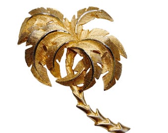 Vintage Palm Tree Brooch, Mid Century Brushed Gold Tone Metal Tropical Jewelry