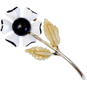 VTG 1960s Brooch Mod Enamel Flower Black White Mid Century Statement Pin