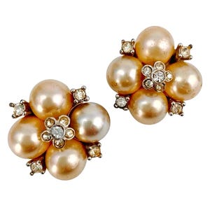 Vintage Signed Marvella Creamy Faux Pearl 50s Mid Century Cluster Clip Earrings