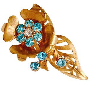 VTG 1940s Blue Rhinestone Gold Tone Floral Leaf Layered Mid Century Brooch Pin