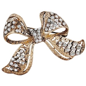 Vintage Mid Century Rhinestone Bow Brooch Gold Tone Costume Classic 50s-60s Pin