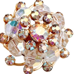 VTG Mid Century AB Rhinestone Brooch Crystal Cluster Gold Tone Cocktail Jewelry