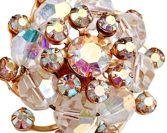 VTG Mid Century AB Rhinestone Brooch Crystal Cluster Gold Tone Cocktail Jewelry