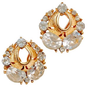 VTG Mid Century Clip On Earrings Gold Tone Rhinestone 1950s Cocktail Jewelry