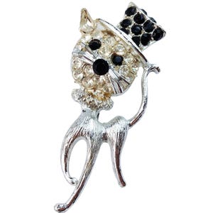 VTG Mid Century Brooch Silver Tone Rhinestone Whimsical Cat Figural 1950s 1960s