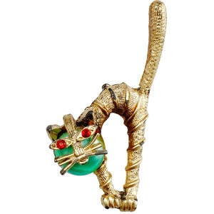 VTG 1950s Brooch Mid Century Kitschy Cat Green Lucite Red Eyes Gold Tone Pin