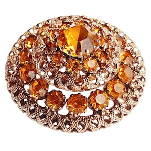Mid Century Amber Rhinestone Domed Brooch Gold Tone Filigree Vintage Pin
