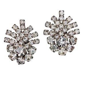Vintage Rhinestone Clip-On Earrings, Silver-Tone Sparkly Blingy Mid-Century Glam