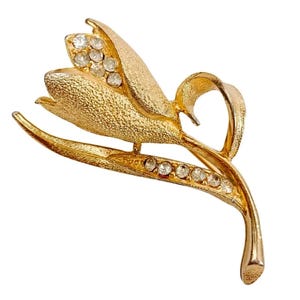 Signed BSK Gold Plated Floral Brooch, Flower Rhinestone Designer Pin