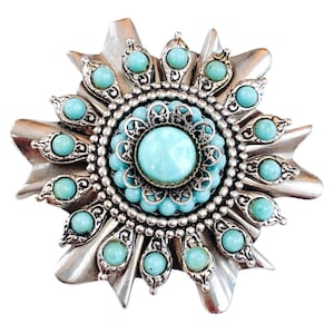Vintage 1970s Boho Brooch Silver Tone Turquoise Cabochons Ethnic Statement Pin