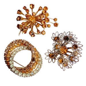 VTG Lot of 3 Mid Century Gold Tone Rhinestone Brooches, Atomic Floral Circle Pin