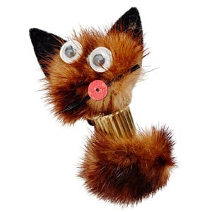 VTG Mid Century Brooch Mink Fur Cat Halloween Kitsch Googly Eyes Novelty Pin