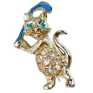 VTG Mid Century Cat Golf Club Brooch Rhinestones Enamel Novelty Gold Tone Pin