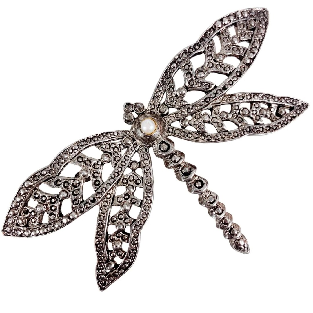Spilla vintage a forma di libellula in argento sterling (925) con corpo in marsacite e strass colorati - Italia
