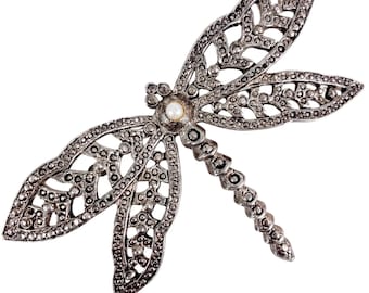 VTG Signed Mimi Di N Dragonfly Brooch Silver Tone Faux Pearl Marcasite Style 80s