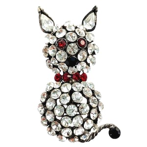 VTG Mid Century Figural Rhinestone Cat Brooch Clear Red Black Glass Stones Pin
