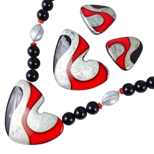 Japanese Brutalist Modernist Vintage 50s - 70s Necklace Brooch Earrings Set