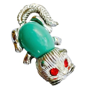 VTG 60s Quirky Cat Brooch Red Eyes Teal Belly Mid Century Figural Shoulder Pin
