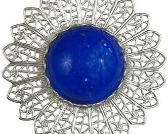 Mid Century Filigree Brooch Silver Tone Domed Blue Glass Cabochon Floral Pin