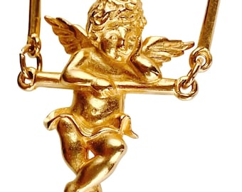 VTG Signierte JJ Brosche Cherub Engel auf Schaukel Figural 1980s Gold Tone Pin