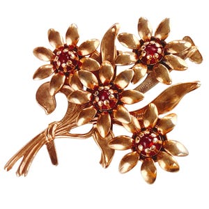 VTG 1940s Brooch Gold Tone Floral Red Glass Cabochons Mid Century Bouquet Pin