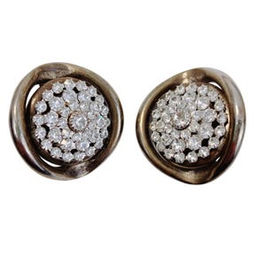 Vintage Silver-Toned Rhinestone Clip-On Earrings, Mid-Century 50s 60s