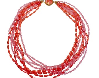 Vintage Lucite Multi-Strand Beaded Necklace with Ornate Clasp, Mid-Century Modern Jewelry, Pink & Coral Tone Beads, Retro 1950s